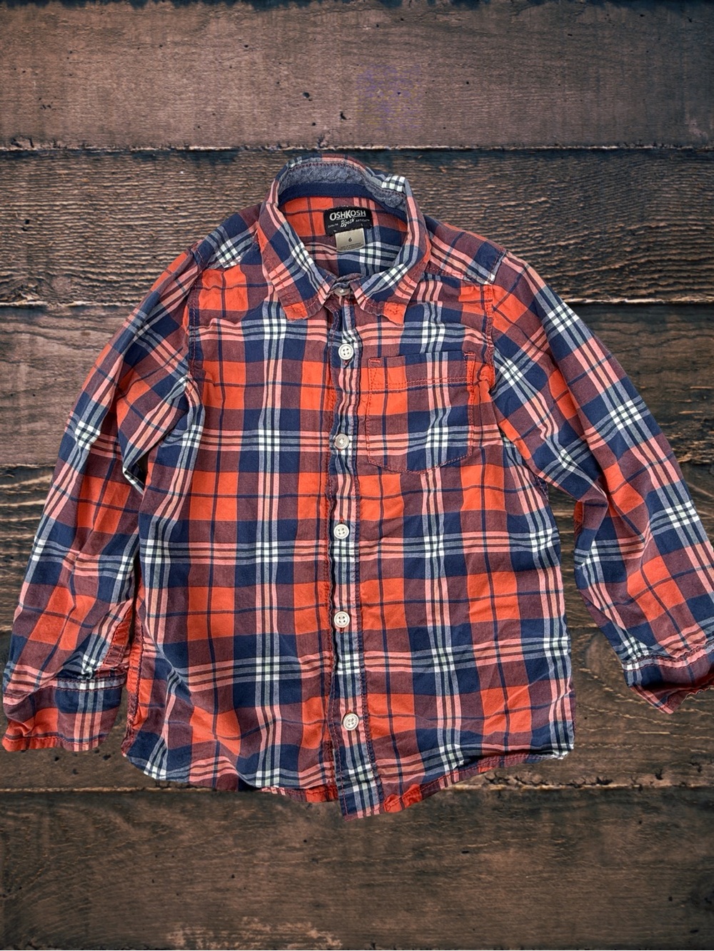 OshKosh B'gosh Boys Size 6 Orange Navy Plaid Button Up Shirt Long Sleeve Pocket